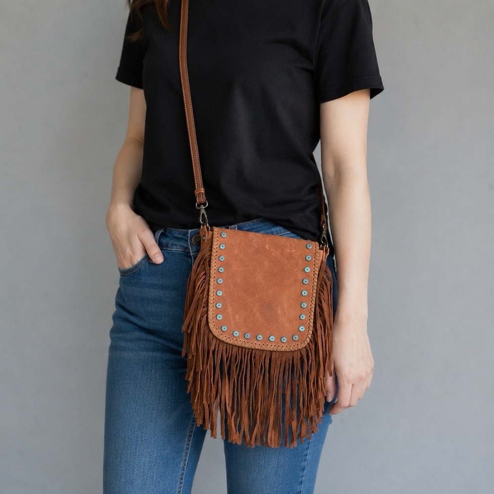 Montana West Fringe Studded Crossbody Bag Small Brown Leather Boho Festival